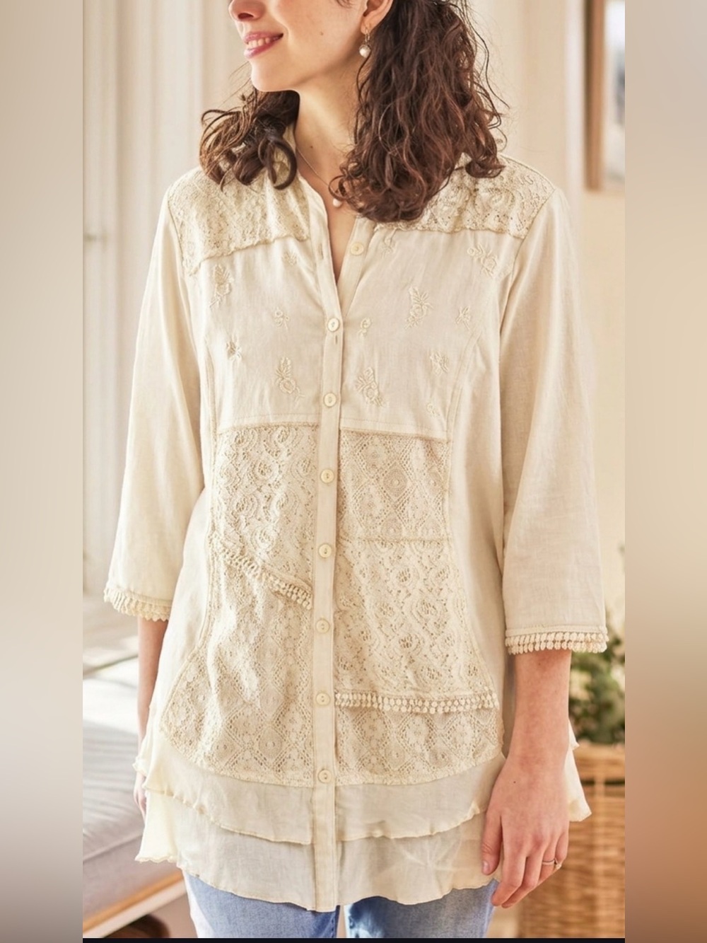 April Cornell Nostalgia Top Patchwork Cotton Embroidered Lace Tunic M Bohemian